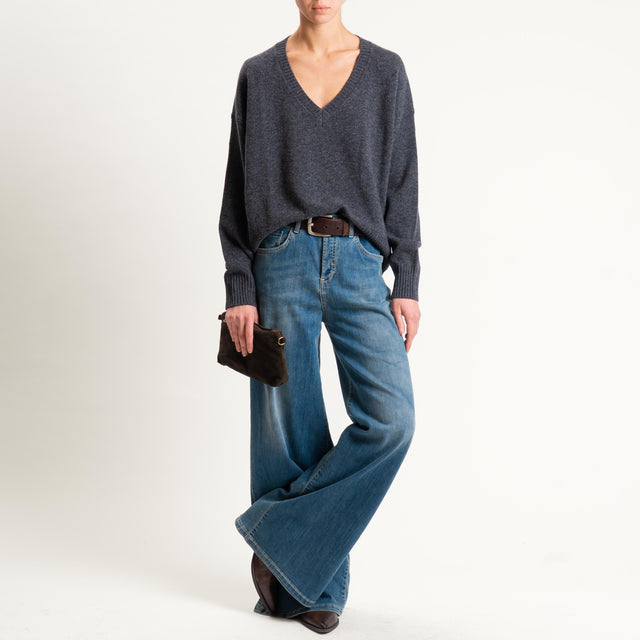 Zeroassoluto-Maglia 100% lana scatola scollo a v - antracite melange