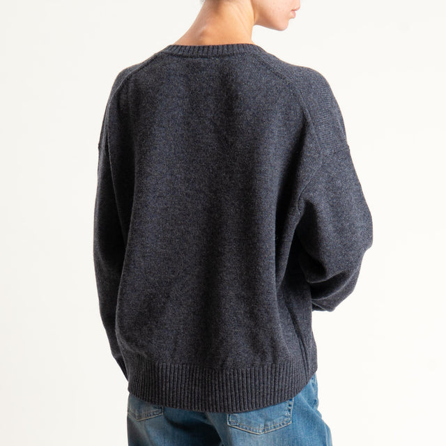 Zeroassoluto-Maglia 100% lana scatola scollo a v - antracite melange