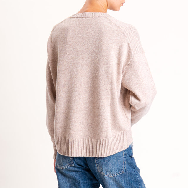 Zeroassoluto-Maglia 100% lana scatola scollo a v - beige melange