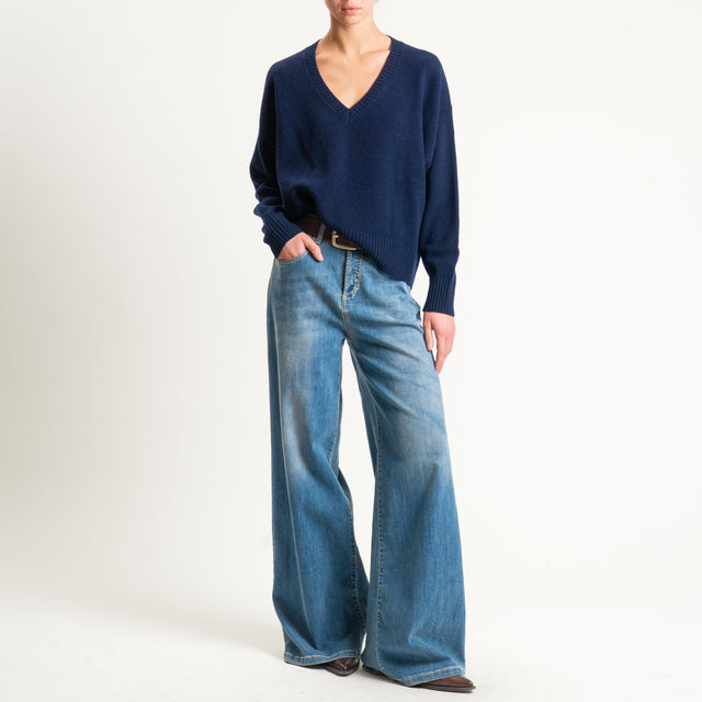 Zeroassoluto-Maglia 100% lana scatola scollo a v - blu