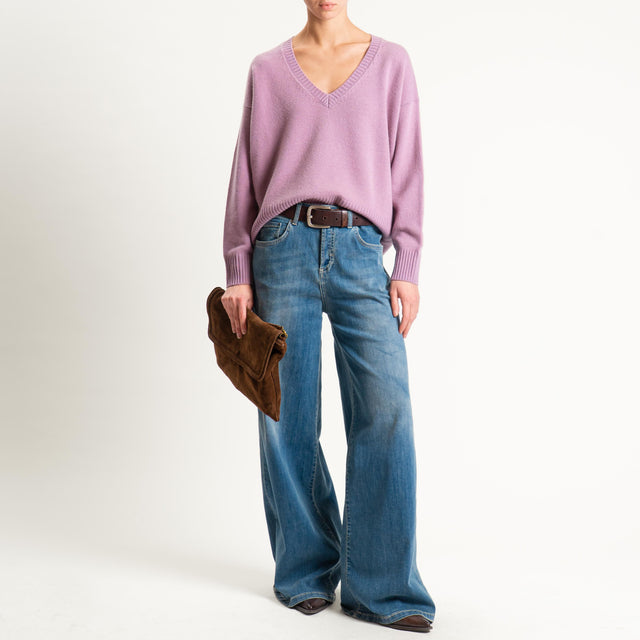 Zeroassoluto-Maglia 100% lana scatola scollo a v - malva
