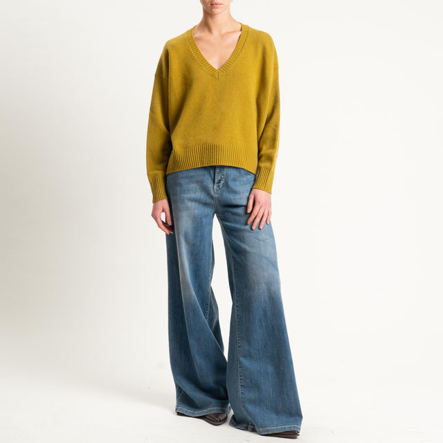 Zeroassoluto-Maglia 100% lana scatola scollo a v - olio