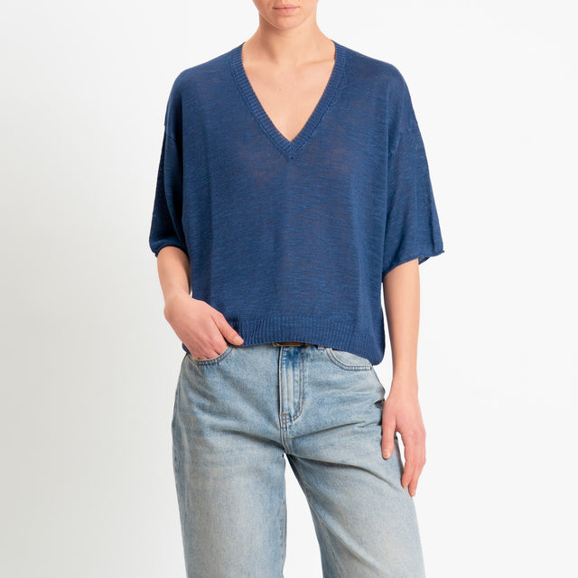 Zeroassoluto-Maglia scollo v garzata misto lino - blu