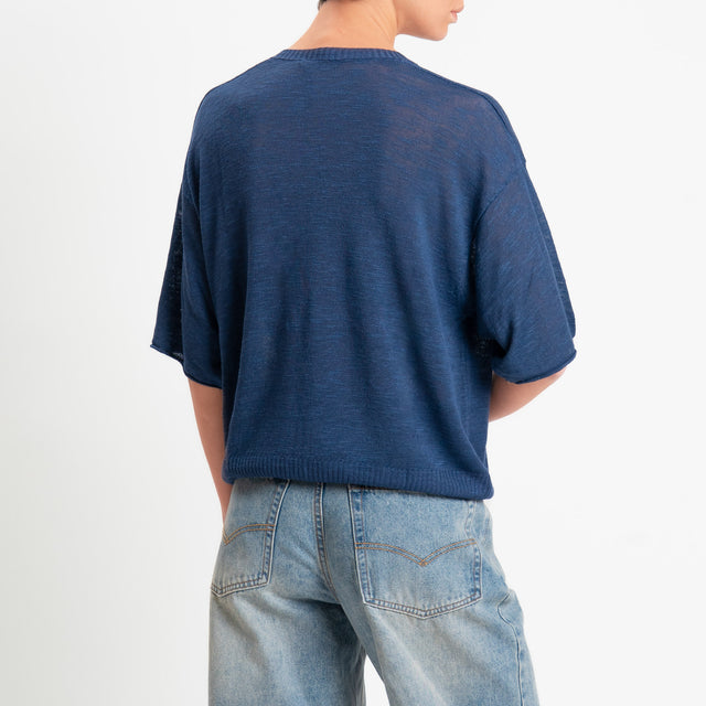 Zeroassoluto-Maglia scollo v garzata misto lino - blu