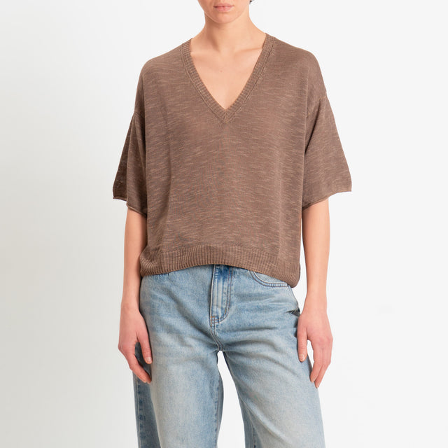 Zeroassoluto-Maglia scollo v garzata misto lino - choco