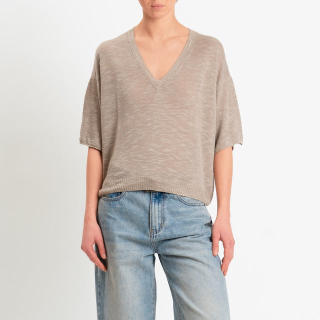 Zeroassoluto-Maglia scollo v garzata misto lino - sand
