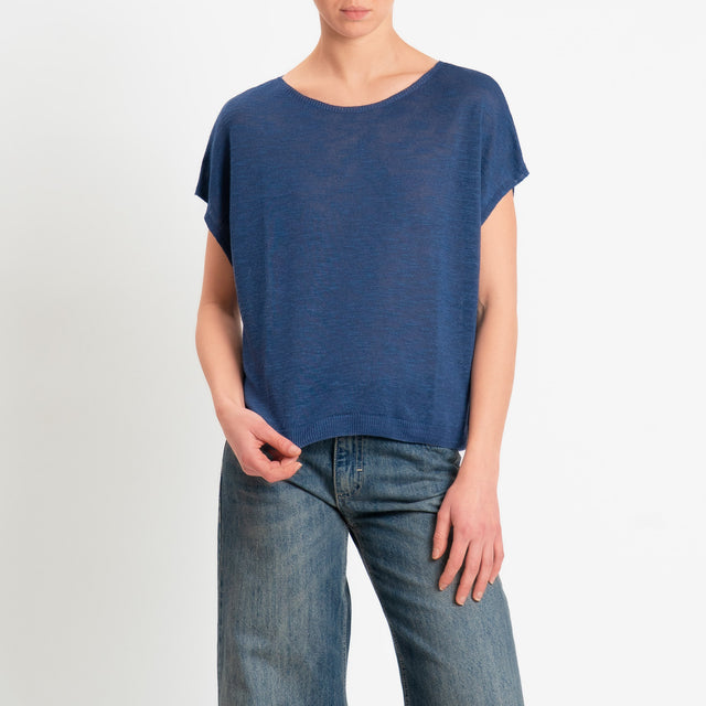 Zeroassoluto-Maglia smanicata garzata misto lino - blu