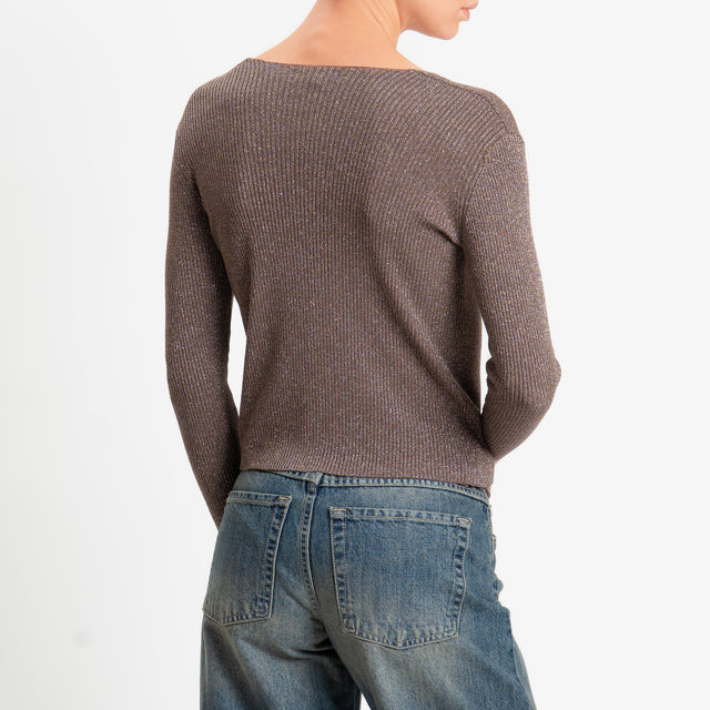 Zeroassoluto-Maglia a v in lurex costine elasticizzata - choco