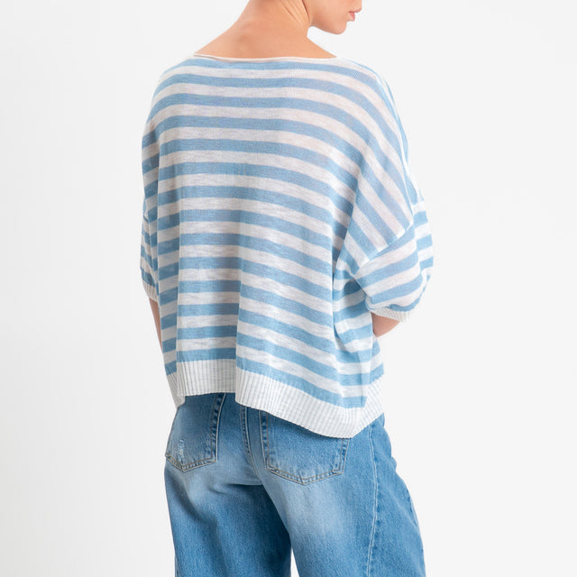 Zeroassoluto-Maglia girocollo a righe garza di viscosa - celeste/bianco