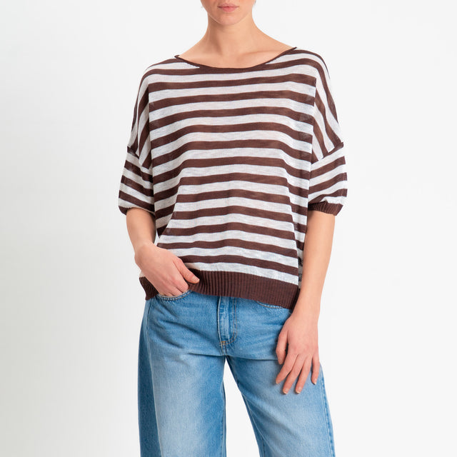 Zeroassoluto-Maglia girocollo a righe garza di viscosa - choco/bianco