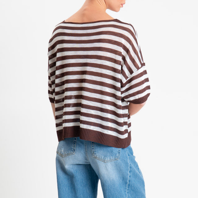 Zeroassoluto-Maglia girocollo a righe garza di viscosa - choco/bianco