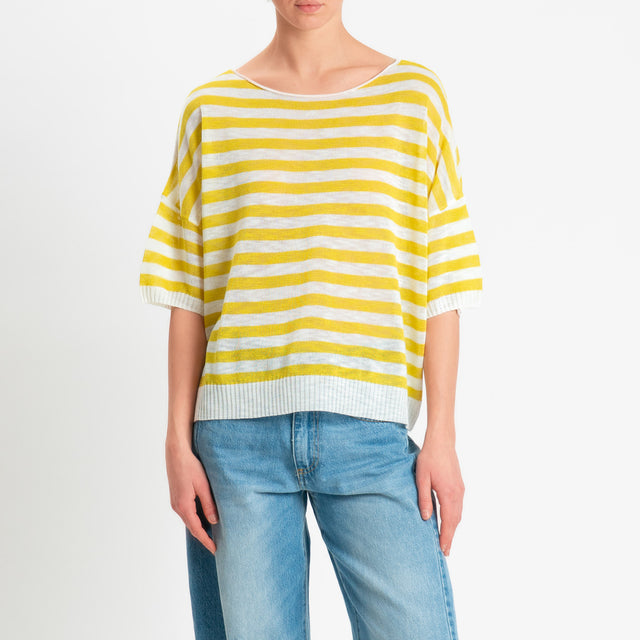 Zeroassoluto-Maglia girocollo a righe garza di viscosa - senape/bianco