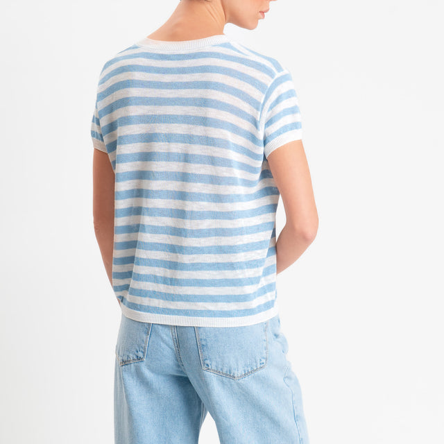 Zeroassoluto-Maglia scollo v a righe garza di viscosa - celeste/bianco