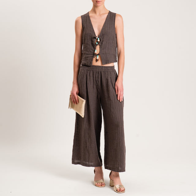 Zeroassoluto-Gilet GRACE gessato 100%LINO con dettaglio pietre - moro