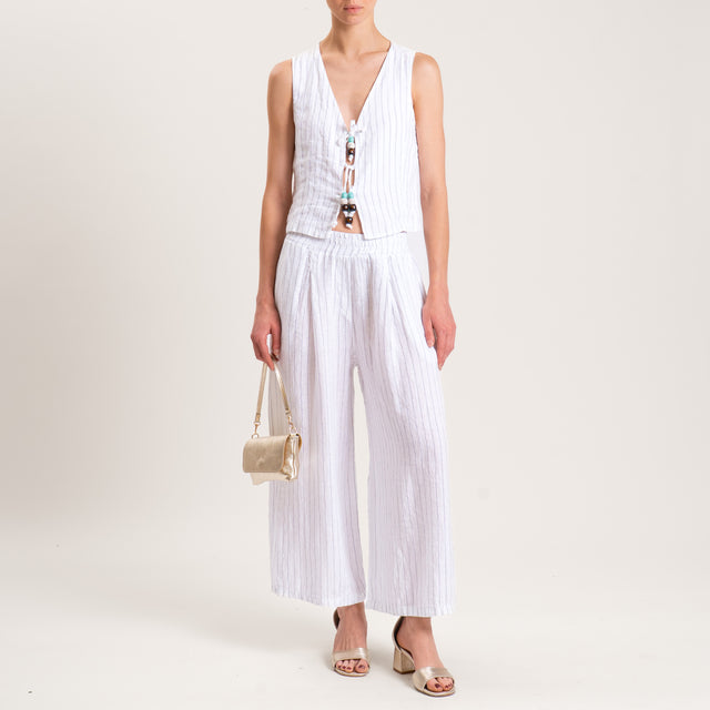 Zeroassoluto-Gilet GRACE gessato 100%LINO con dettaglio pietre - bianco