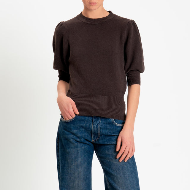 Zeroassoluto-Maglia manica sbuffo bordi a coste - cioccolato