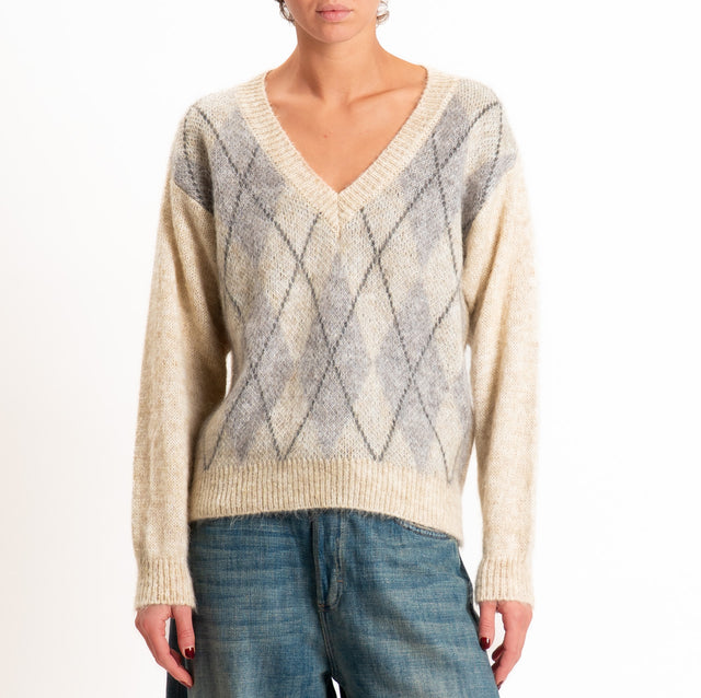 Zeroassoluto-Maglia scollo v argyle in mohair - beige/grigio