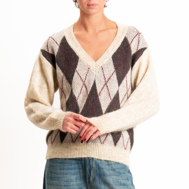 Zeroassoluto-Maglia scollo v argyle in mohair - beige/moro