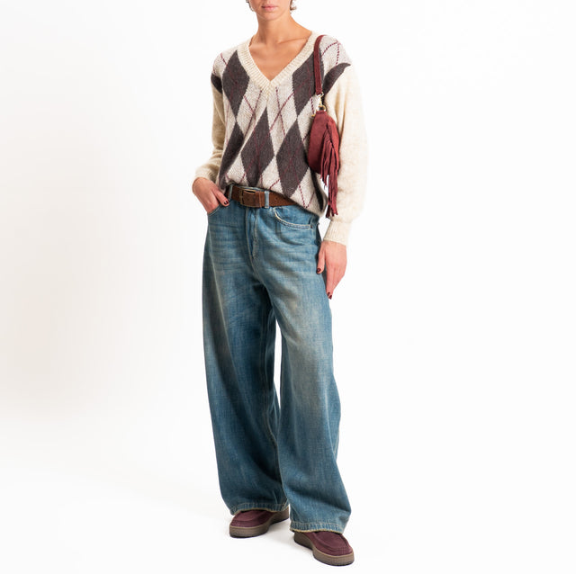 Zeroassoluto-Maglia scollo v argyle in mohair - beige/moro