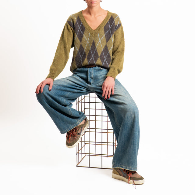 Zeroassoluto-Maglia scollo v argyle in mohair - militare/moro