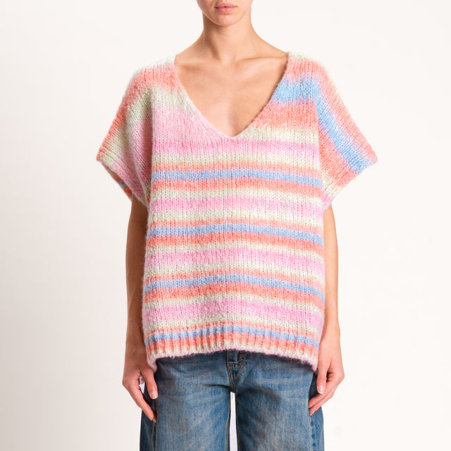 Zeroassoluto-Maglia smanicata a righe misto lana - rosa/celeste/peach