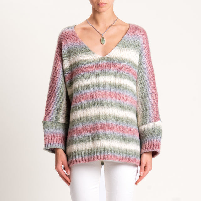 Zeroassoluto-Maglia a righe manica 3/4 misto lana - latte/salvia/mauve