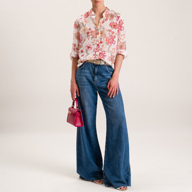 Zeroassoluto-Camicia MAIA fantasia in mussola misto seta collo coreana - floreale burro/fragola/salvia