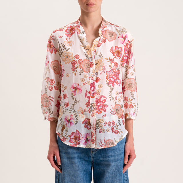 Zeroassoluto-Camicia MAIA fantasia in mussola misto seta collo coreana - floreale burro/fragola/salvia