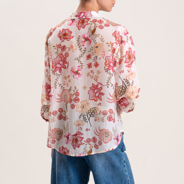 Zeroassoluto-Camicia MAIA fantasia in mussola misto seta collo coreana - floreale burro/fragola/salvia