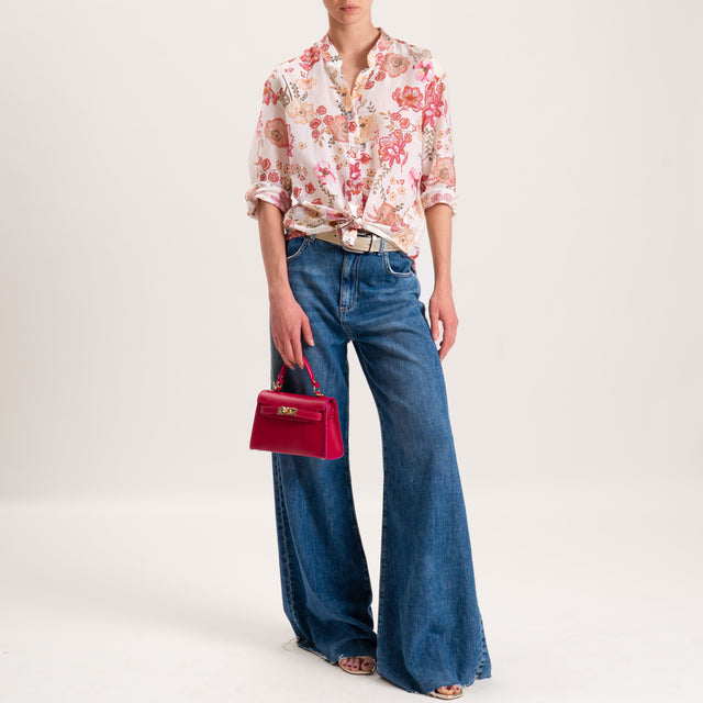 Zeroassoluto-Camicia MAIA fantasia in mussola misto seta collo coreana - floreale burro/fragola/salvia