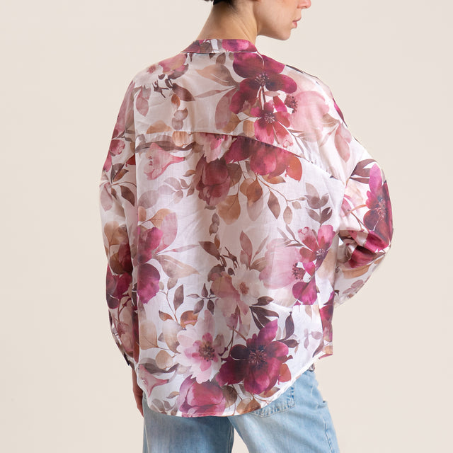 Zeroassoluto-Camicia MINA mussola lyocell a scatola collo coreana - fiori burro/moro/malva
