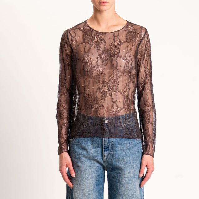 Zeroassoluto-Blusa in pizzo elasticizzato - moro