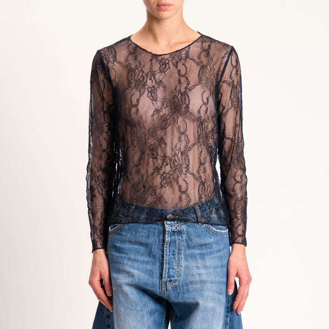 Zeroassoluto-Blusa in pizzo elasticizzato - nero