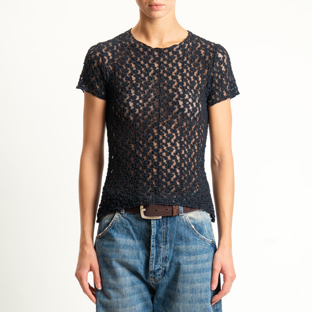 Zeroassoluto-T-shirt in pizzo elasticizzato slim fit- nero
