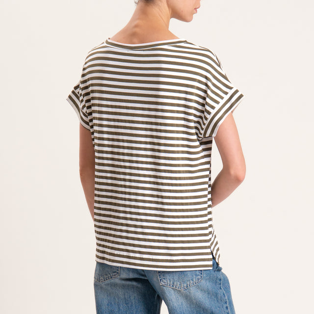 Zeroassoluto-T-shirt righe scatola in jersey - latte/militare