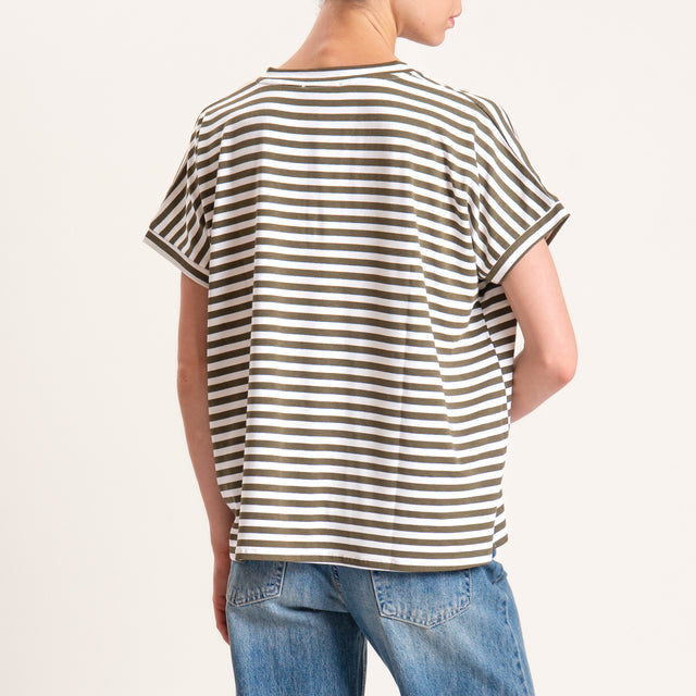 Zeroassoluto-T-shirt righe scollo a v in jersey - latte/militare