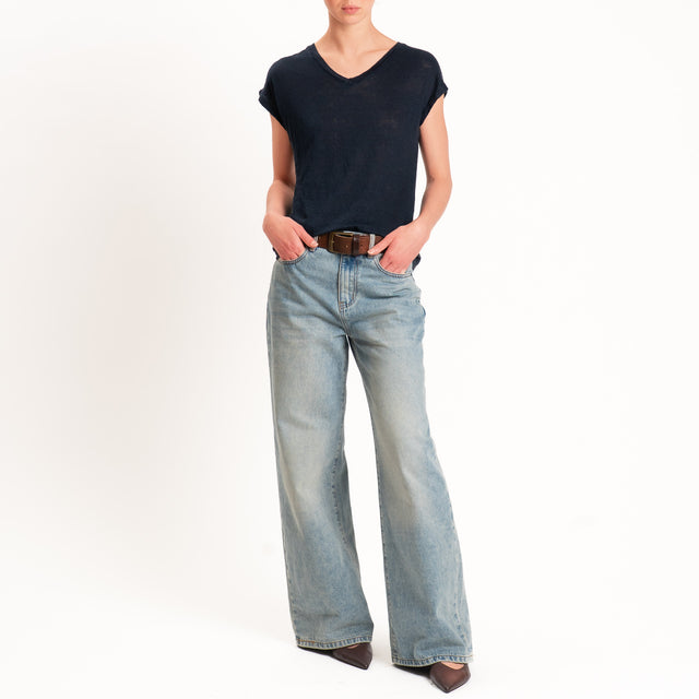 Zeroassoluto-T-shirt scollo v 100% LINO - blu