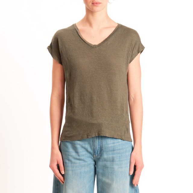 Zeroassoluto-T-shirt scollo v 100% LINO - kaki