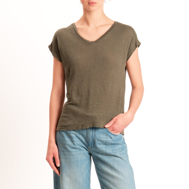 Zeroassoluto-T-shirt scollo v 100% LINO - kaki