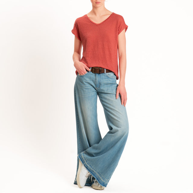 Zeroassoluto-T-shirt scollo v 100% LINO - lipstick