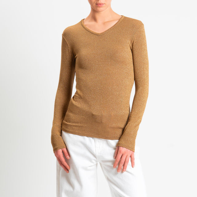 Zeroassoluto-T-shirt scollo v con lurex - tabacco