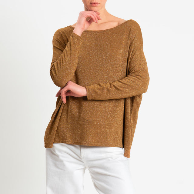 Zeroassoluto-T-shirt scollo barca scatola con lurex - tabacco