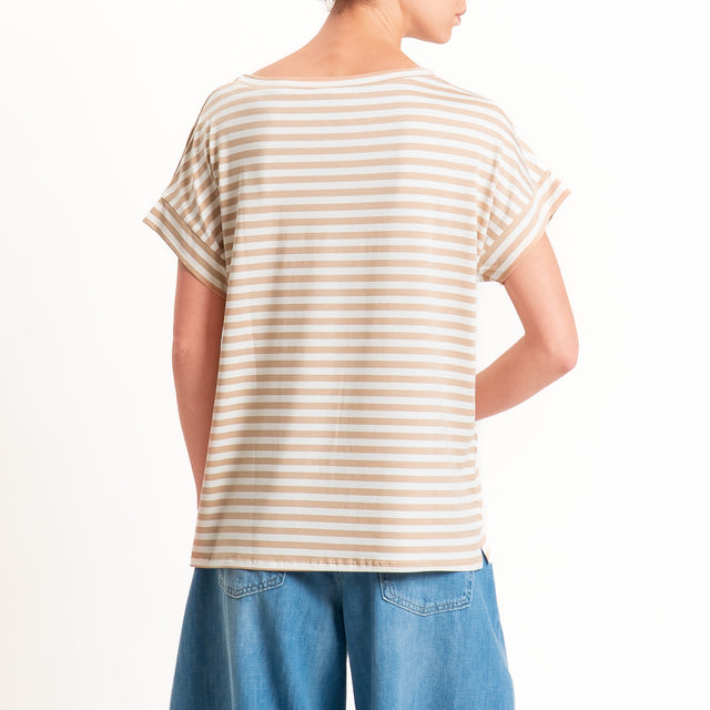 Zeroassoluto T-shirt a righe scatola in jersey - biscotto/latte