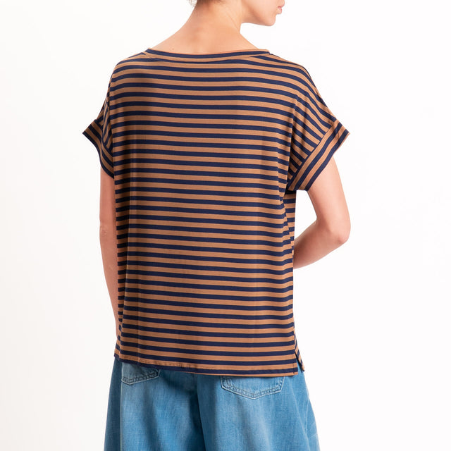 Zeroassoluto T-shirt a righe scatola in jersey - blu/cuoio