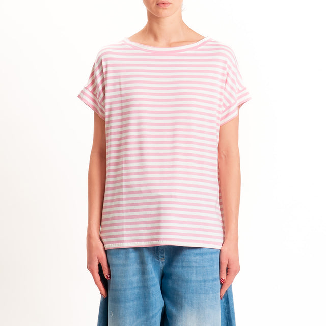 Zeroassoluto T-shirt a righe scatola in jersey - pink/latte