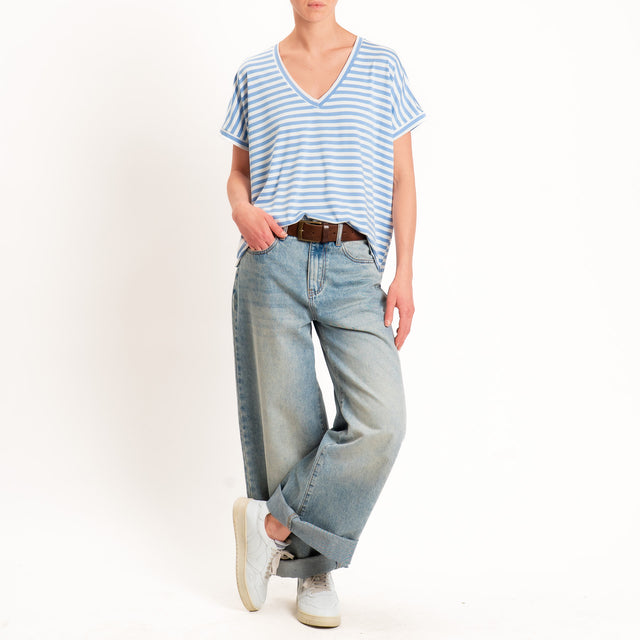 Zeroassoluto-T-shirt a righe scollo a v in jersey di viscosa elasticizzata - jeans/latte