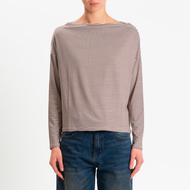 Zeroassoluto-T-shirt CLOE righe in jersey elasticizzato - tabacco/latte