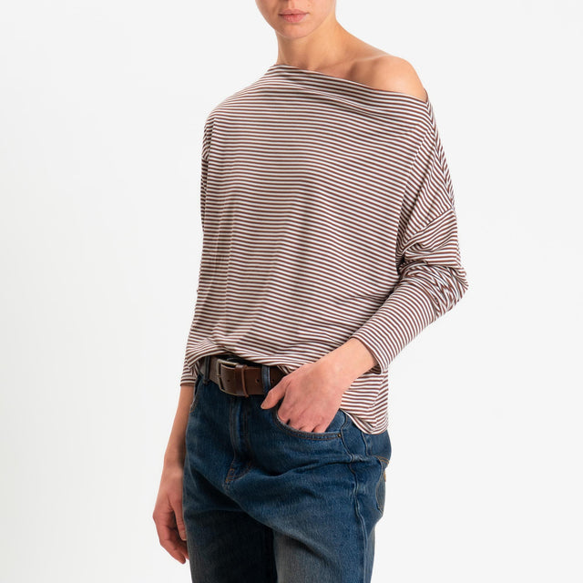 Zeroassoluto-T-shirt CLOE righe in jersey elasticizzato - tabacco/latte