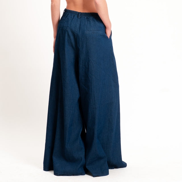 Zeroassoluto-Pantalone LANY palazzo chambray leggero elasticizzato - denim blu