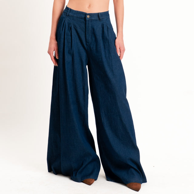 Zeroassoluto-Pantalone LANY palazzo chambray leggero elasticizzato - denim blu